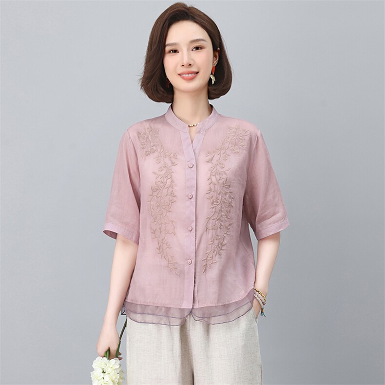 苎麻刺绣女夏2025新款宽松中年妈妈减龄天丝亚麻阔腿裤，女装衬衫，忆绮罗