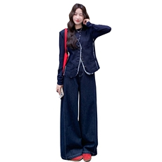 初秋穿搭无袖马甲阔腿裤牛仔套装女春秋季2025新款高级感洋气时尚，女装套装/套裙，2D076