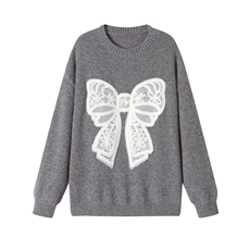 毛衣慵懒高级感2025秋冬新款圆领减龄蝴蝶结绣花图案宽松针织衫女，女装羊毛衫，艾米
