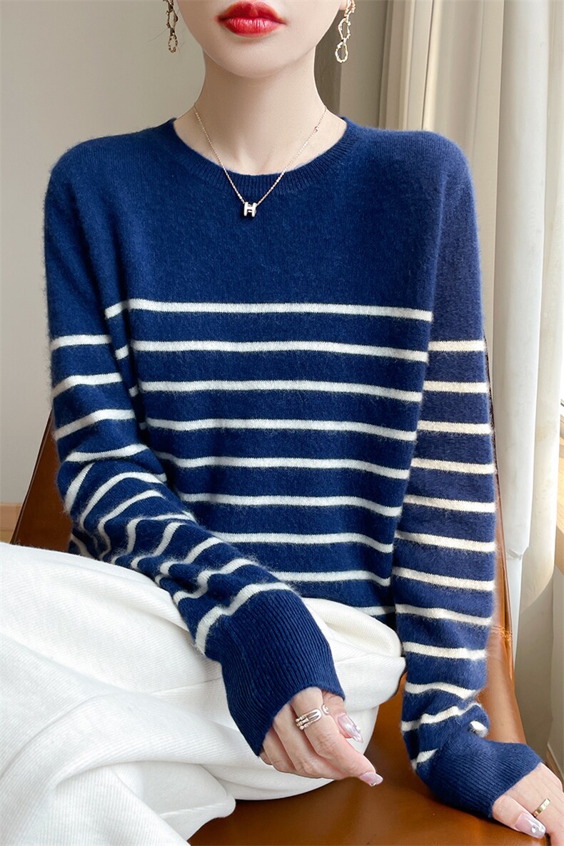 25秋冬100%纯羊毛衫女圆领撞色条纹针织衫毛衣宽松羊绒衫打底上衣,女装羊毛衫,郡淞羊绒