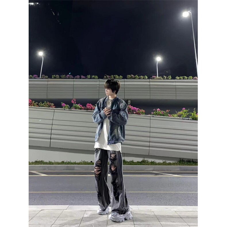 破洞牛仔裤男美式高街vibe裤子潮牌痞帅炸街直筒微喇裤KZA143-P55,男装牛仔裤,星座1007（原301D）