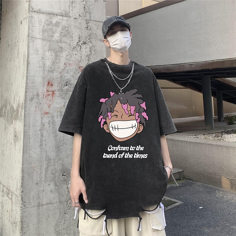 港风23新款夏季时尚卡通印花流苏圆领宽松短袖T恤DT6341P45控68,男装T恤,电商A268A