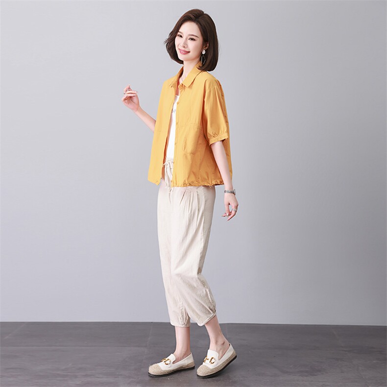 时尚宽松棉麻套装女夏新款休闲两件套短袖衬衫阔腿裤,女装套装/套裙,3200格调