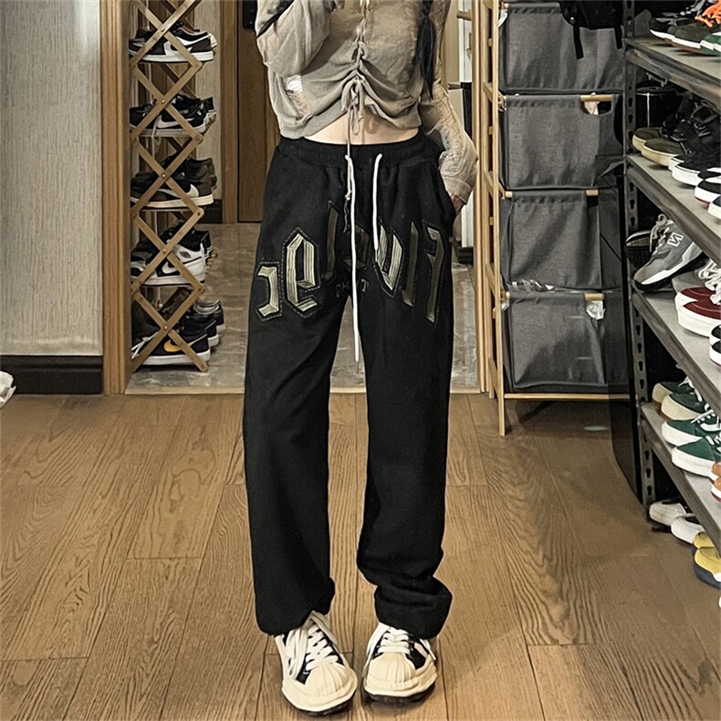 美式高街刺绣休闲裤子ins潮牌宽松直筒拖地阔腿裤运动裤K7335-P37,男装休闲裤,星座512-3