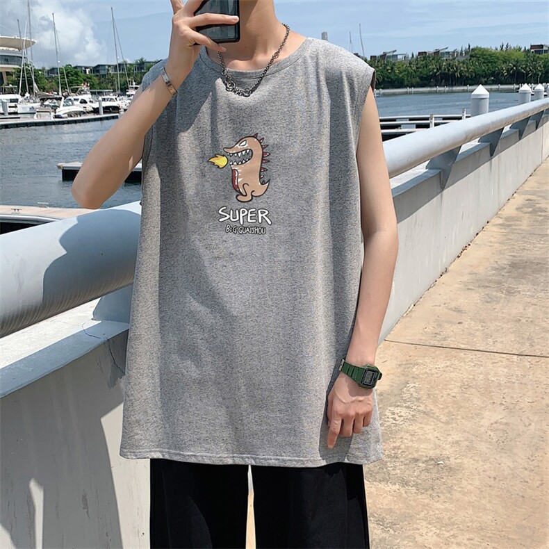 ！港风2023夏季无袖背心男加肥加大码宽松短袖T恤男BX230-P20图片