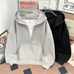 美式大V领慵懒风休闲连帽卫衣女秋宽松显瘦oversize外套WB495-P64