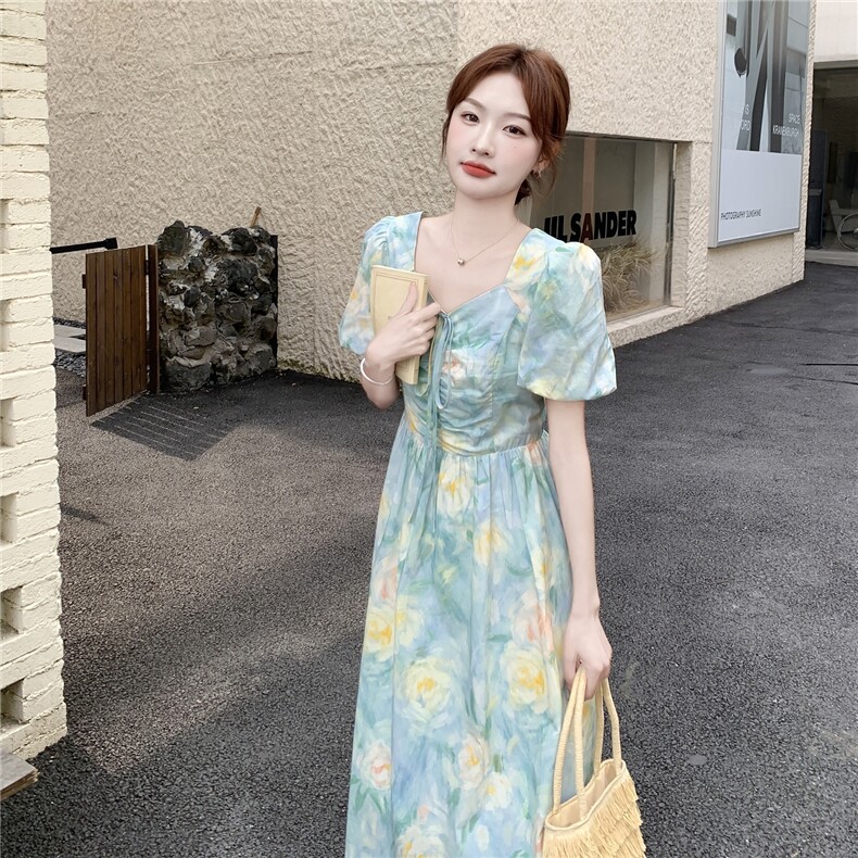 6.2设计感法式复古印花连衣裙没控价,女装连衣裙,1D102-1
