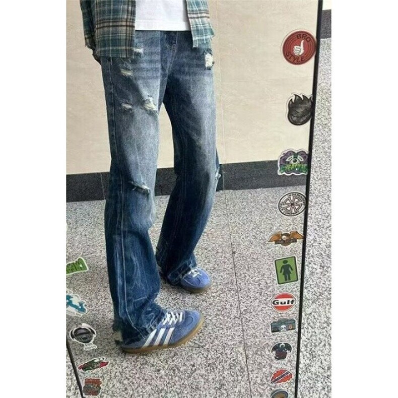 【有货】DYK6052-批48高质量浅蓝色闪电纹破洞显瘦宽松牛仔裤男,男装牛仔裤,星座603-2