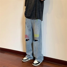 彩色喷漆破洞直筒牛仔裤男款夏季高松设计感高街阔腿裤N9193-P45，男装牛仔裤，星座1008
