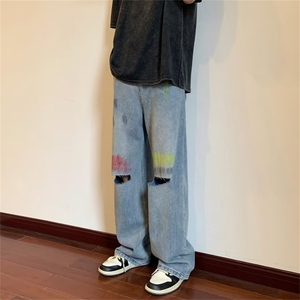 彩色喷漆破洞直筒牛仔裤男款夏季高松设计感高街阔腿裤N9193-P45图片