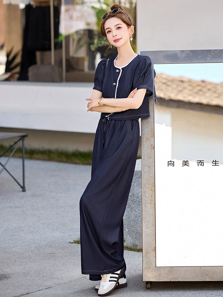 复古减龄天丝牛仔套装女2025夏季新款休闲短袖上衣阔腿长裤两件套,女装套装/套裙,罗腾