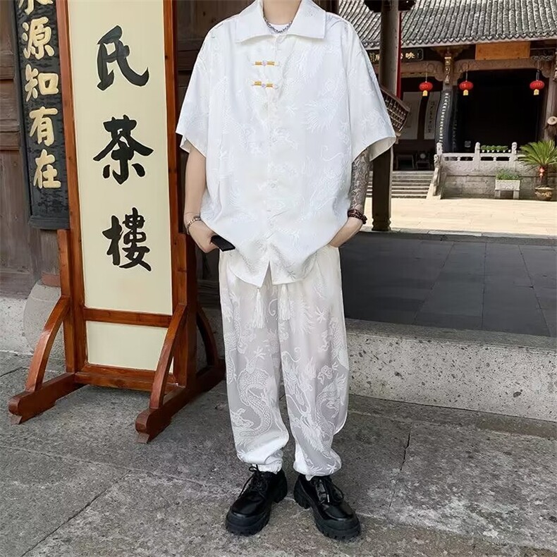夏季风套装唐装宽松短袖中式衬衣长裤TCK02P75,男装休闲套装,星座1116-2
