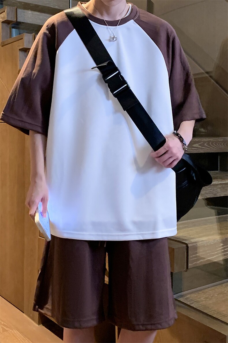 抖音~重磅280g夏季插肩袖拼接短袖套装A420特P55,男装休闲套装,电商A309
