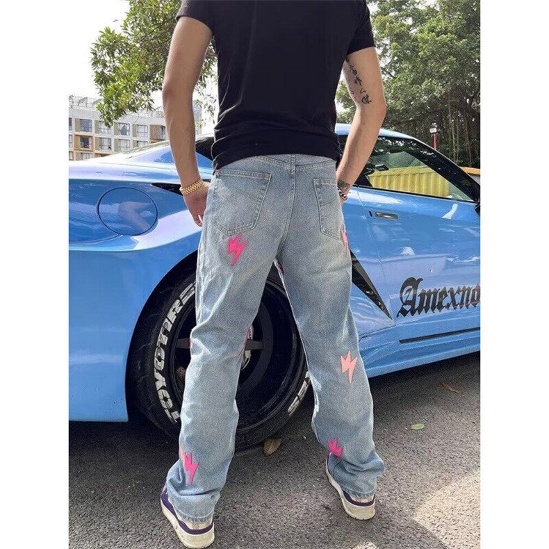 Q70/P48港风潮男夏季闪电牛仔裤嘻哈ins潮高街潮流痞帅长裤,男装牛仔裤,星座1506