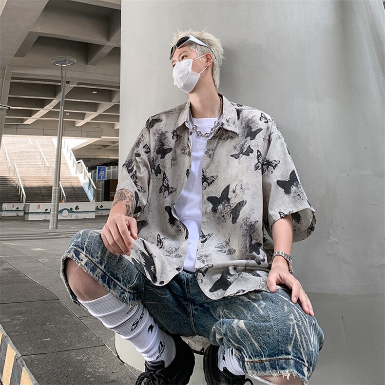 风小众设计蝴蝶短袖男女薄款宽松垂感复古水墨印花衬衣开衫外套，女装短外套，星座505-2（原电商A260-1)