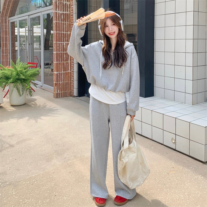 灰色运动套装女2025秋季新款撞色拼接减龄连帽卫衣长裤休闲两件套,女装套装/套裙,2D076