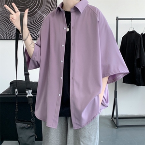 现货 基础款 8色短袖衬衫纯色衬衣外套潮五分袖  7643-特P25-控38图片