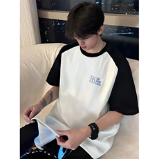 抖音得物高品质二开240克宽松纯棉美式潮牌插肩袖拼接短袖T恤，男装T恤，电商A486