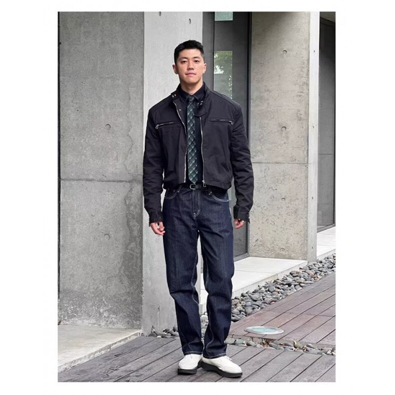 春秋新款韩版时髦高级复古拉链立领飞机夹克男士宽松短款垫肩外图片