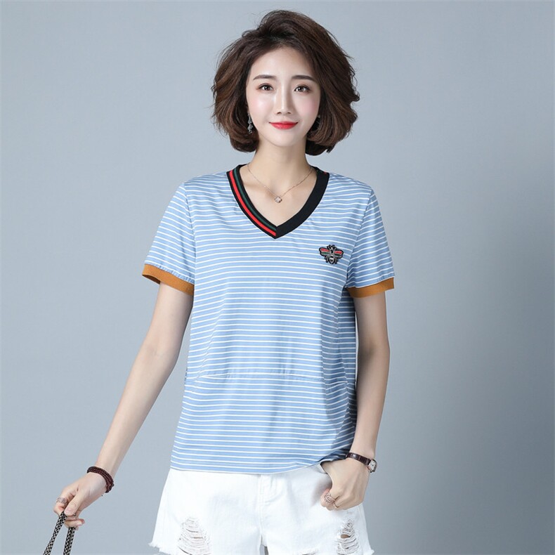 【货源稳定常年不下架】2026夏装新款时尚宽松V领条纹T恤B330,女装T恤,板酷