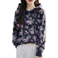 2024秋冬新款百搭休闲连帽碎花加绒卫衣女时尚加厚宽松打底衫上衣，女装卫衣/绒衫，佳绒高端店