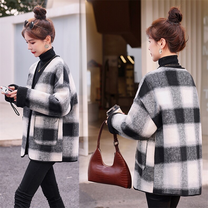 【现货】2025冬装宽松大版大格子毛呢颗粒绒皮毛一体外套上衣，女装羊羔毛/颗粒绒，印象茜