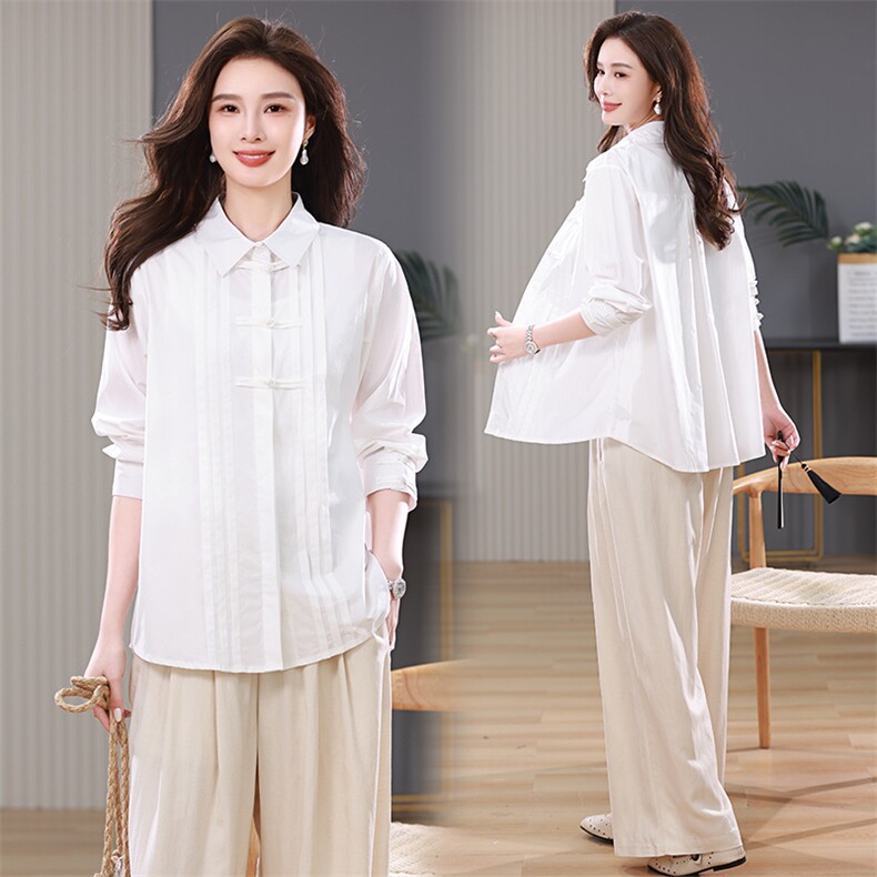 新中式国风盘扣衬衫女2025春夏新款中年妈妈纯棉宽松纯色长袖衬衣，女装衬衫，江忆布依