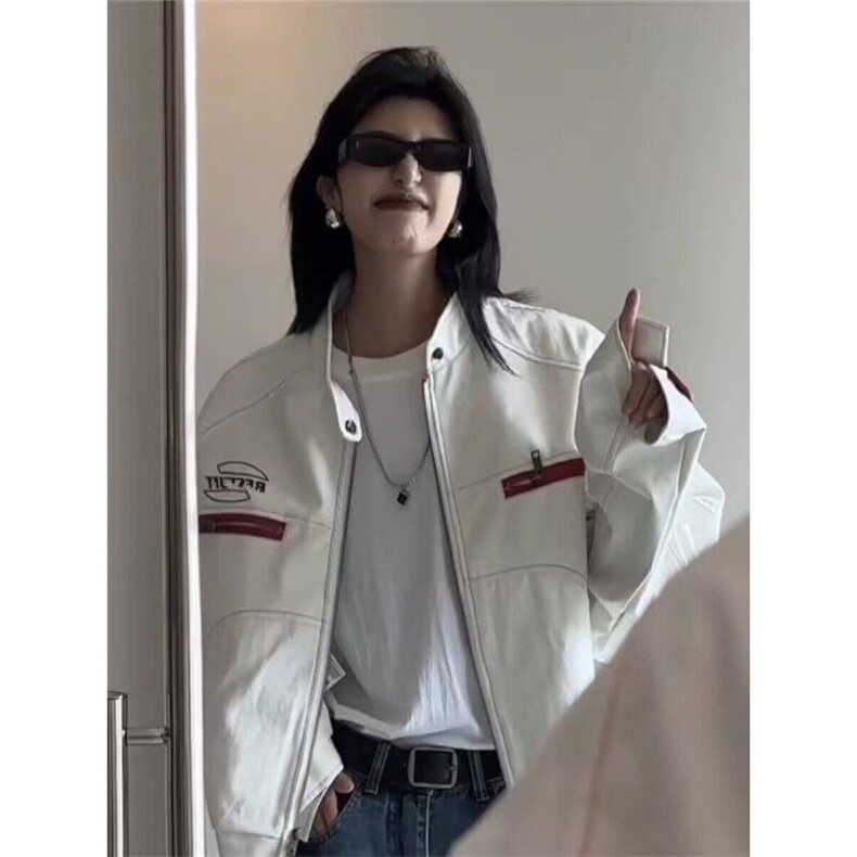 美式PU皮衣机车服外套男女2025秋季拼接刺绣宽松百搭短款夹克潮图片