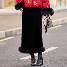 2026年冬季新款H型高腰高档金丝绒加厚半身裙鸵鸟毛下摆百搭女士，女装半身裙，韩宇舍