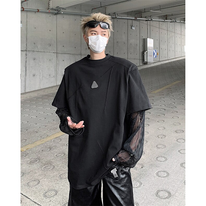 现货！25夏男士假两件垫肩金属扣暗黑网纱短袖T恤DX82-P68,男装T恤,电商B288
