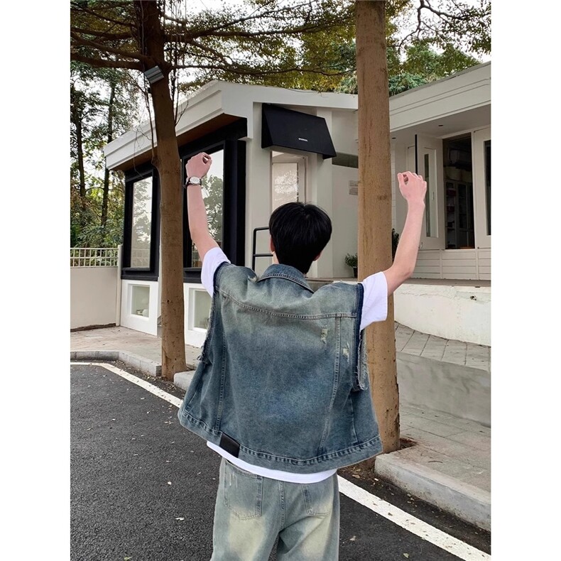 美式水洗磨毛边短款牛仔马甲男无袖宽松夏季潮流帅气上衣XJK8942,男装背心/马甲,星座208-5