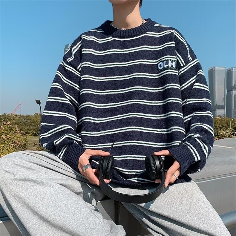 美式街头设计感圆领毛衣男慵懒风休闲针织衫MY28P45图片