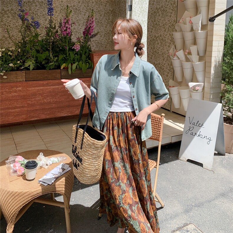 夏季套装女2025新款法式简约牛仔短袖衬衫上衣碎花半身裙子两件套,女装套装/套裙,2C239