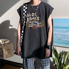 抖音供货、200克现货全棉印花背心宽松无袖T恤D223A-BX2305-P25，男装背心/马甲，电商019-1
