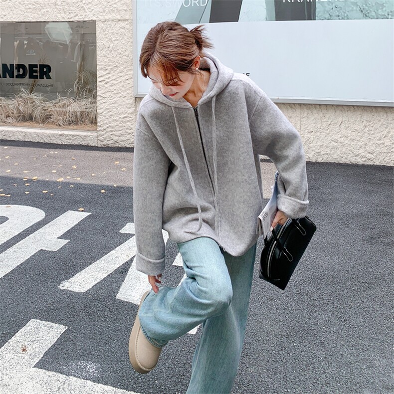韩系连帽双面呢羊毛外套女2025秋冬新款加厚小个子高级感短款外套,女装毛呢外套,2D014