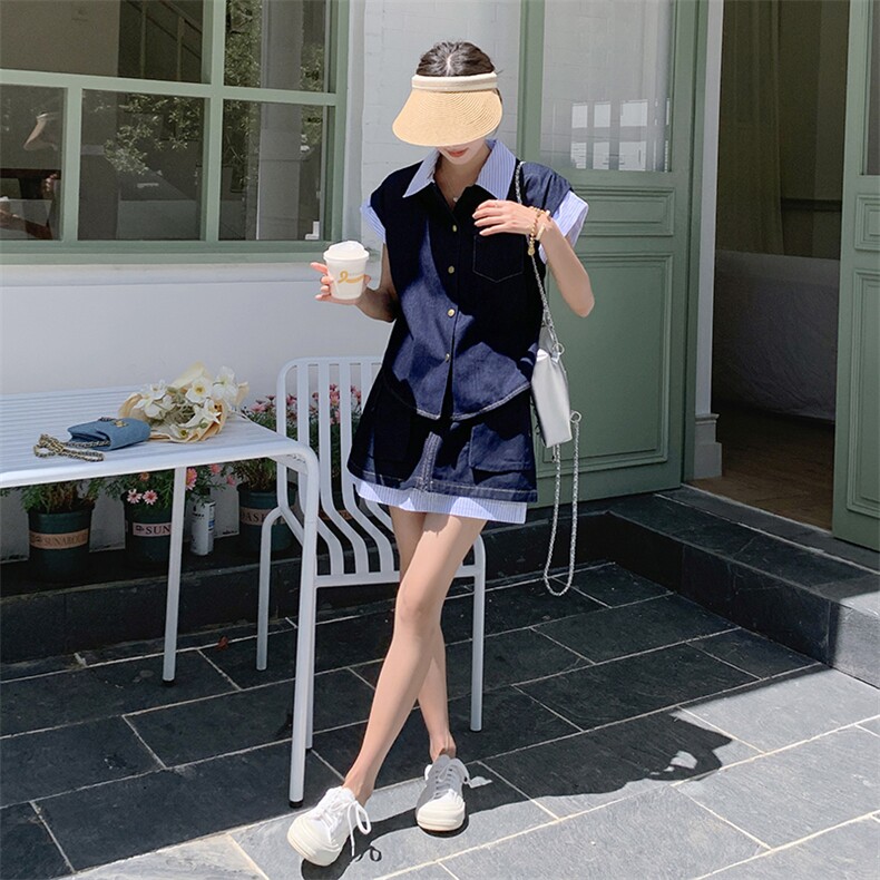 上新现货牛仔拼接休闲套装2C098-868P145K198,女装套装/套裙,2C098