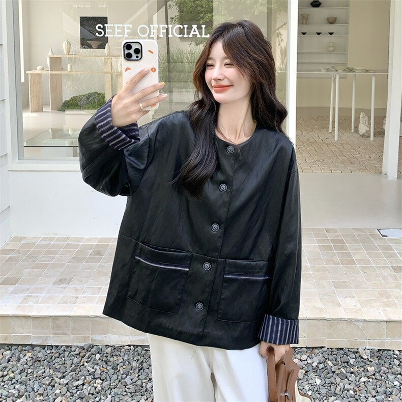 条纹拼接圆领黑色皮衣外套女春秋2025新款小个子流行爆款漂亮夹克,女装皮衣,2C275