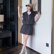 灰色立领马甲T恤短裙三件套女2025夏季新款时尚小个子搭配一整套，女装套装/套裙，2C093