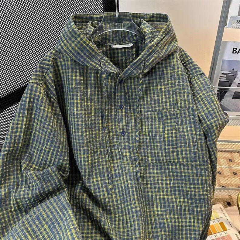 慵懒风绿色格子卫衣男秋季高级感美式复古连帽格纹衫W356/P52图片