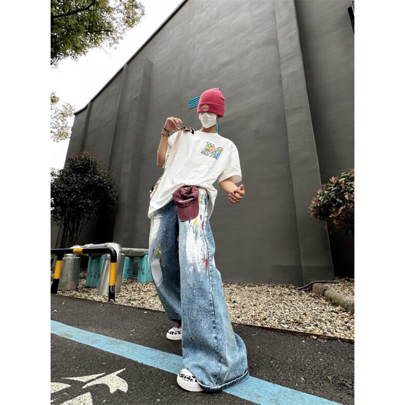 【有货】美式复古涂鸦扎染牛仔裤男女同款宽松裤子NZ803LL-特P55图片