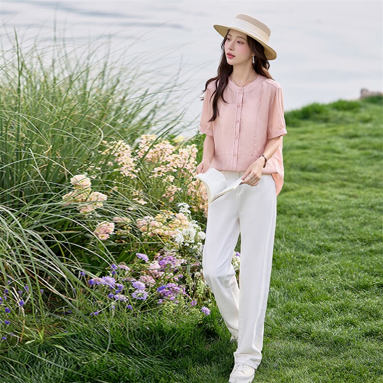 C雪儿短袖衬衫2025夏季新款宽松显瘦遮肚子单排扣圆领上衣25081,女装衬衫,余墨