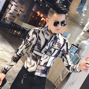 312A-810-P50 新款人物印花修身衬衫夜店社会小伙发型师衬衣-1图片