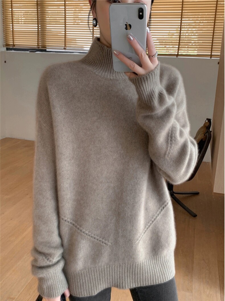 高领羊毛衫女秋冬新款纯色针织长袖宽松打底羊毛衫,女装羊毛衫,思途羊绒