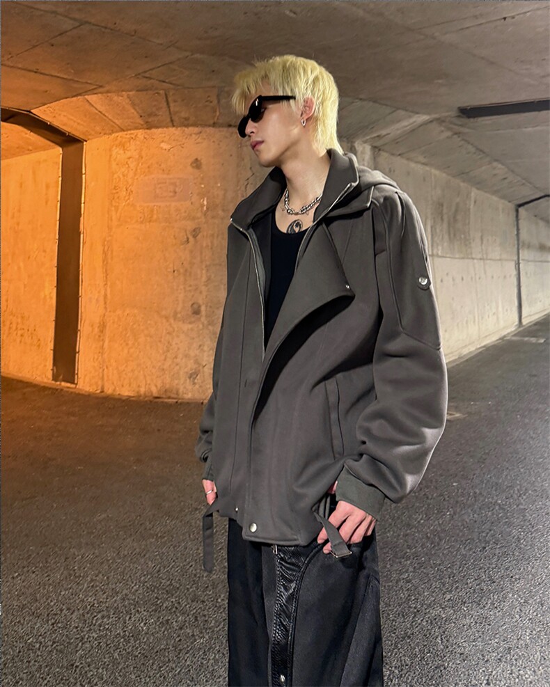 现货25秋冬解构美式不规则立领斜门襟连帽外套卫衣WY52-P98，女装短外套，电商B288