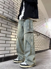 DN8101-P52；泥黄色工装牛仔裤男春秋季美式高街阔腿裤设计感潮牌，男装牛仔裤，星座603-2