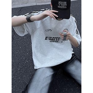 夏季美式高街重磅纯棉三条杠织带撞色男女短袖T恤ZD650-特P30图片