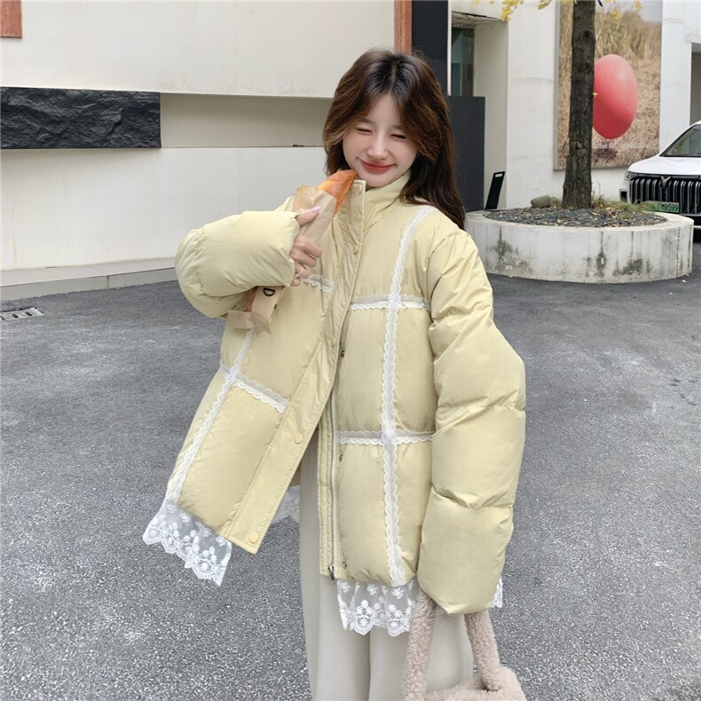 奶黄色蕾丝花边羽绒服女2025冬季新款韩系超好看加厚90白鸭绒外套,女装羽绒服,2C056