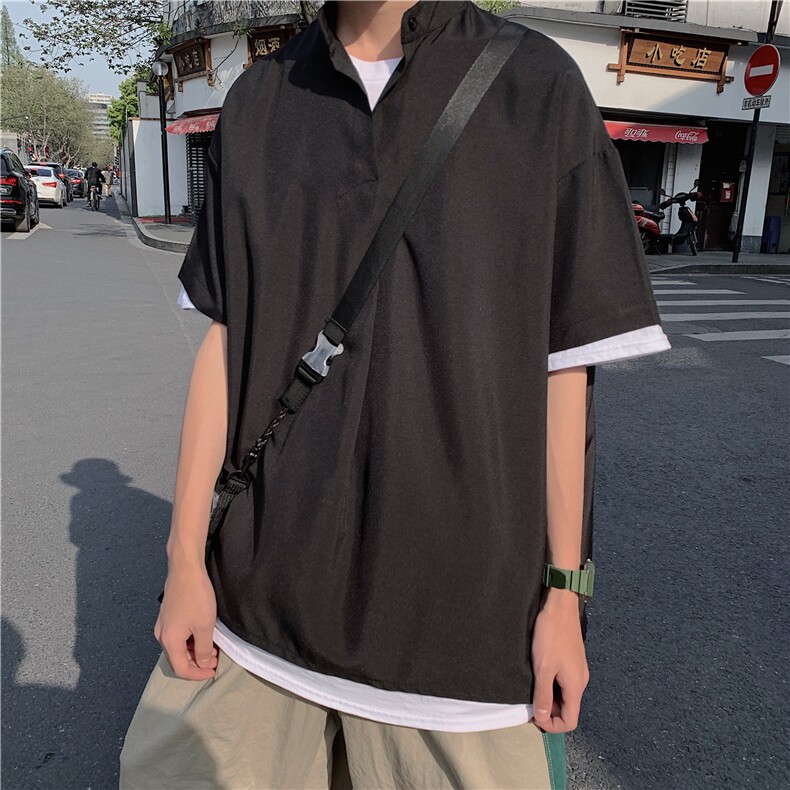 C2027/P35现货夏季男士立领衬衫男韩版宽松休闲大码短袖衬衣男装,男装衬衫,电商A141