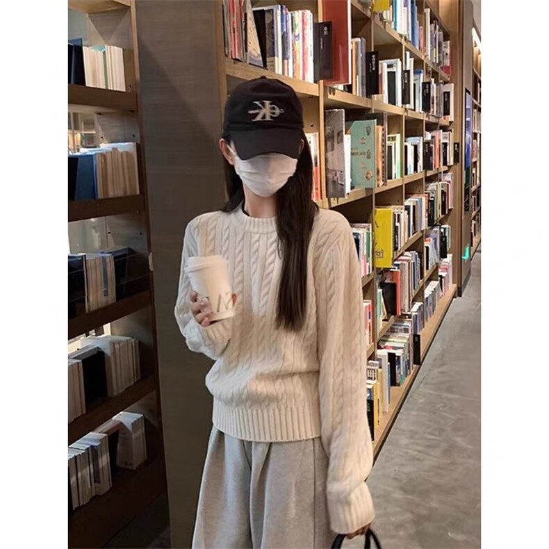 2025百搭时尚秋冬新款圆领麻花针织衫，女装针织衫/毛衣，秀阁羊绒