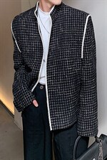 立领小香风珍珠设计感千鸟格宽松西服X13/P70降，男装西服，电商A243